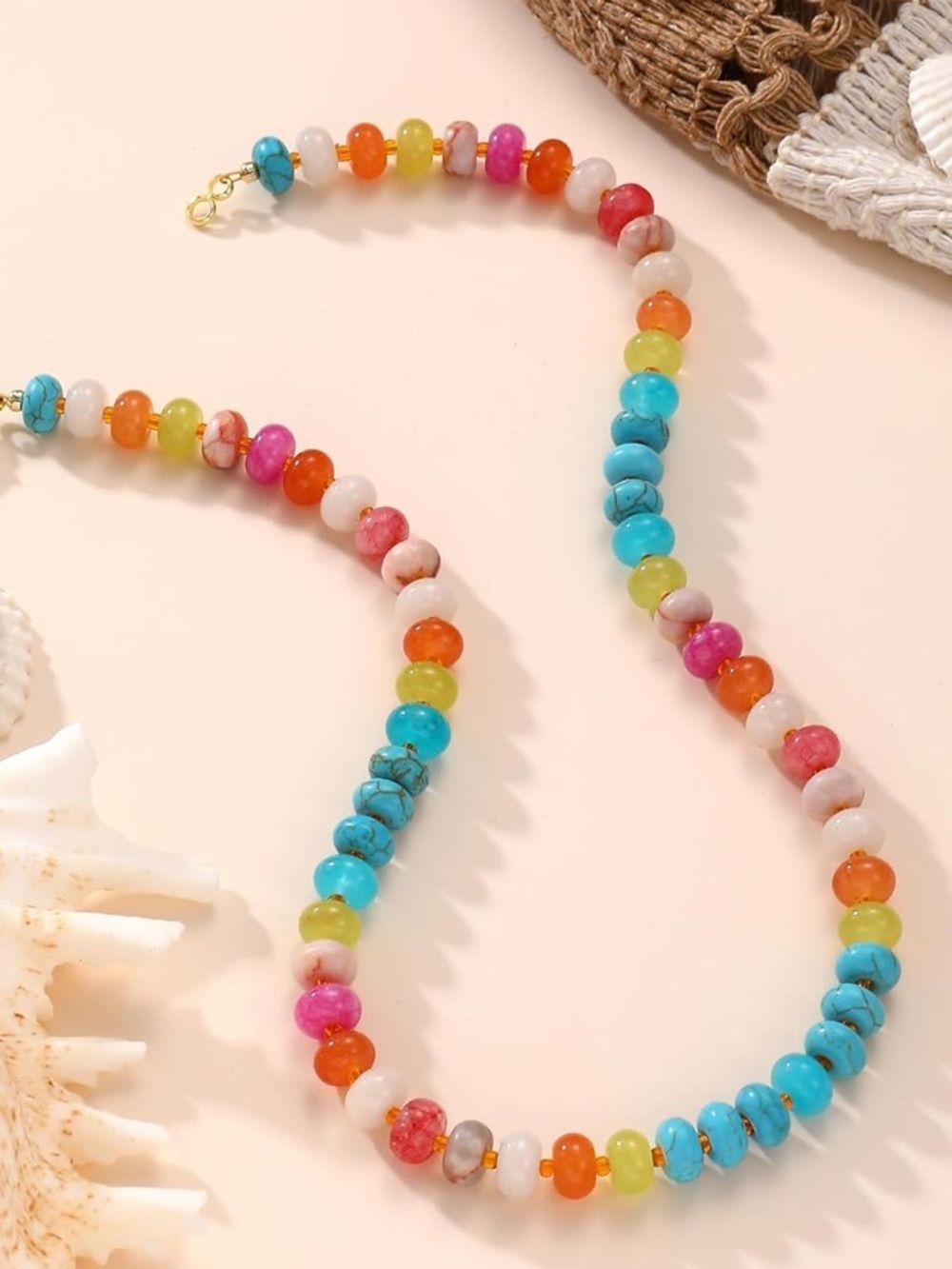 New! Rainbow Multicolor Natural Gemstone Beaded Necklace Turquoise Gold Plated